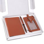 4 in 1 Dual Tone set: Tulip shape Keychain, SS colored bottle, Metal Pen and A5 PU notebook in Kraft Gift Box