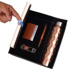 Compact 4 pc Black gift set: A5 size Notebook, Metal pen, Metal PU Keychain, Metal Card holder