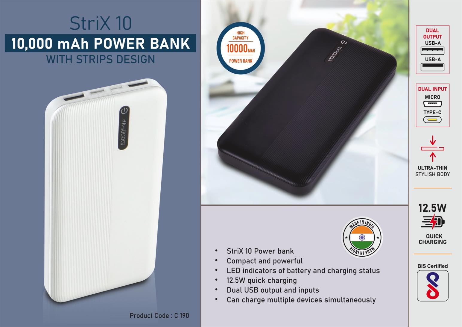 Strix 10: 10,000 mAh Power bank with Strips design | 12.5W output | Dual USB output & inputs
