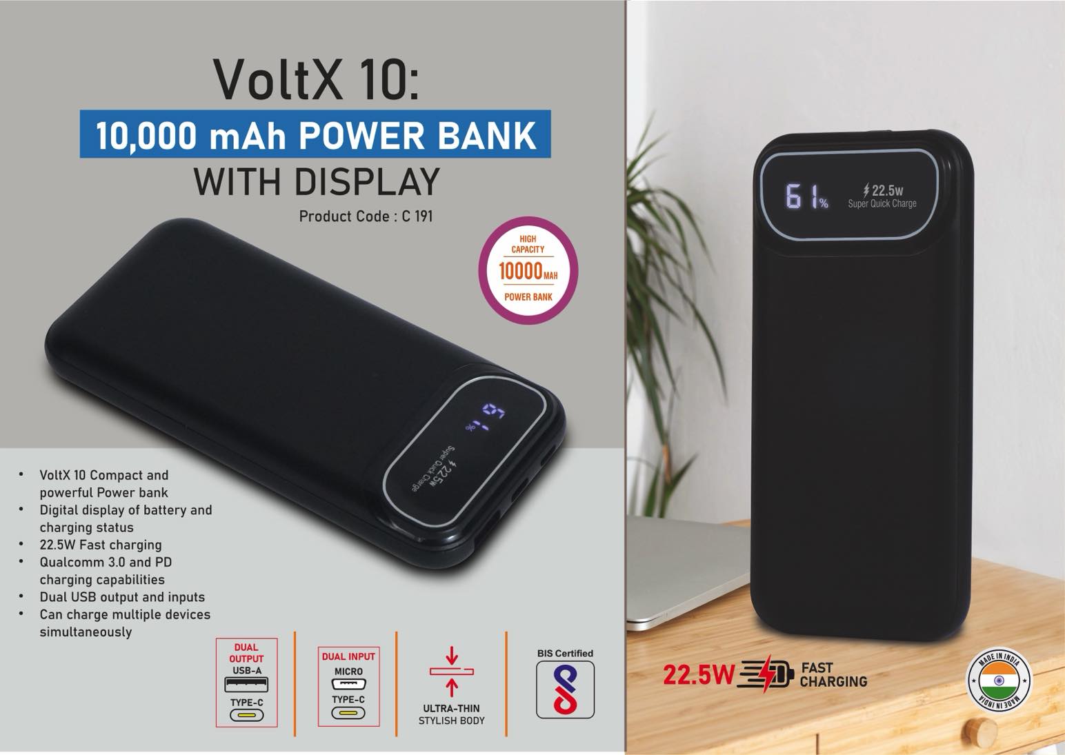 VoltX 10: 10,000 mAh Power bank with Display | 22.5W Fast charging | Supports Qualcomm 3.0 + PD charging | Dual USB output & inputs
