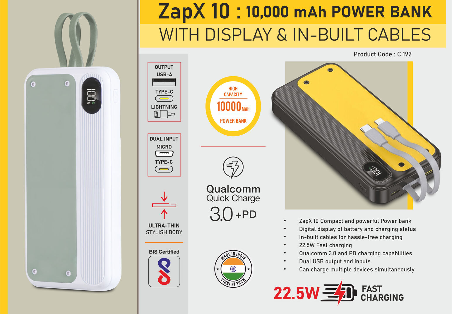 ZapX 10: 10,000 mAh Power bank with Display & In-Built Cables | 22.5W Fast charging | Supports Qualcomm 3.0 + PD charging | Dual USB output & inputs
