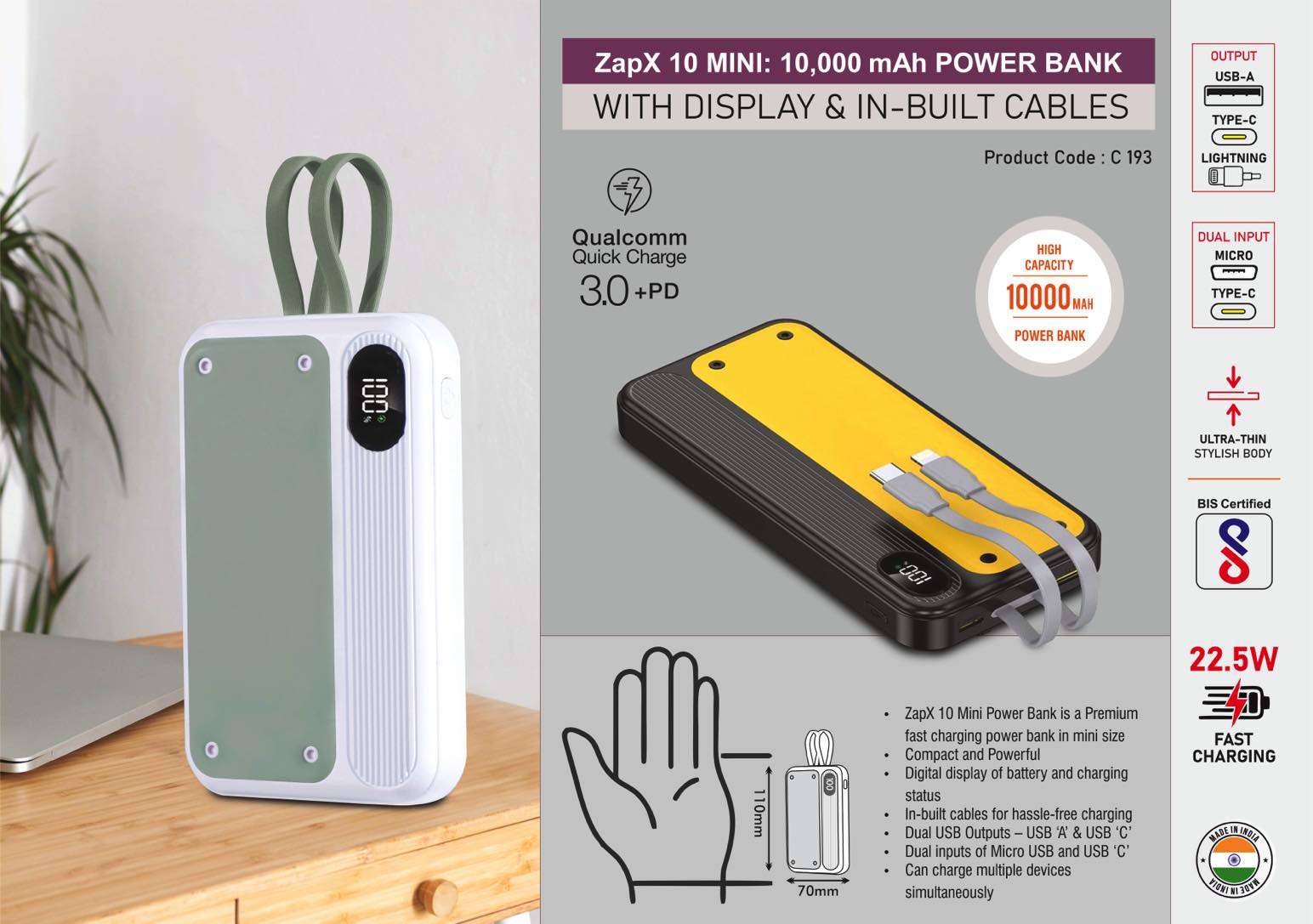 ZapX 10 Mini: 10,000 mAh Power bank with Display & In-Built Cables | 22.5W Fast charging | Supports Qualcomm 3.0 + PD charging | Dual USB output & inputs