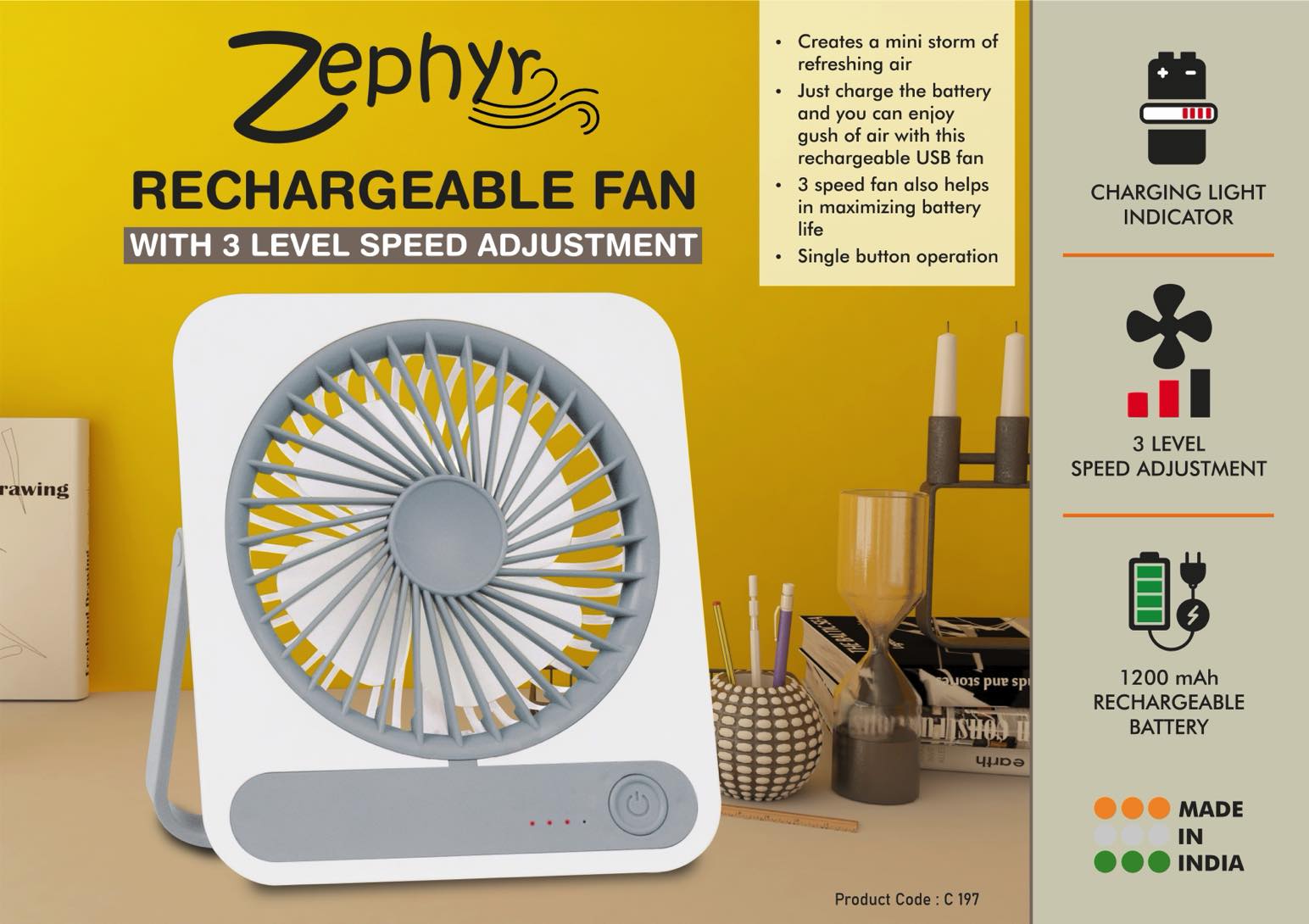 Zephyr: Rechargeable fan with 3 level speed adjustment | 1200mah battery