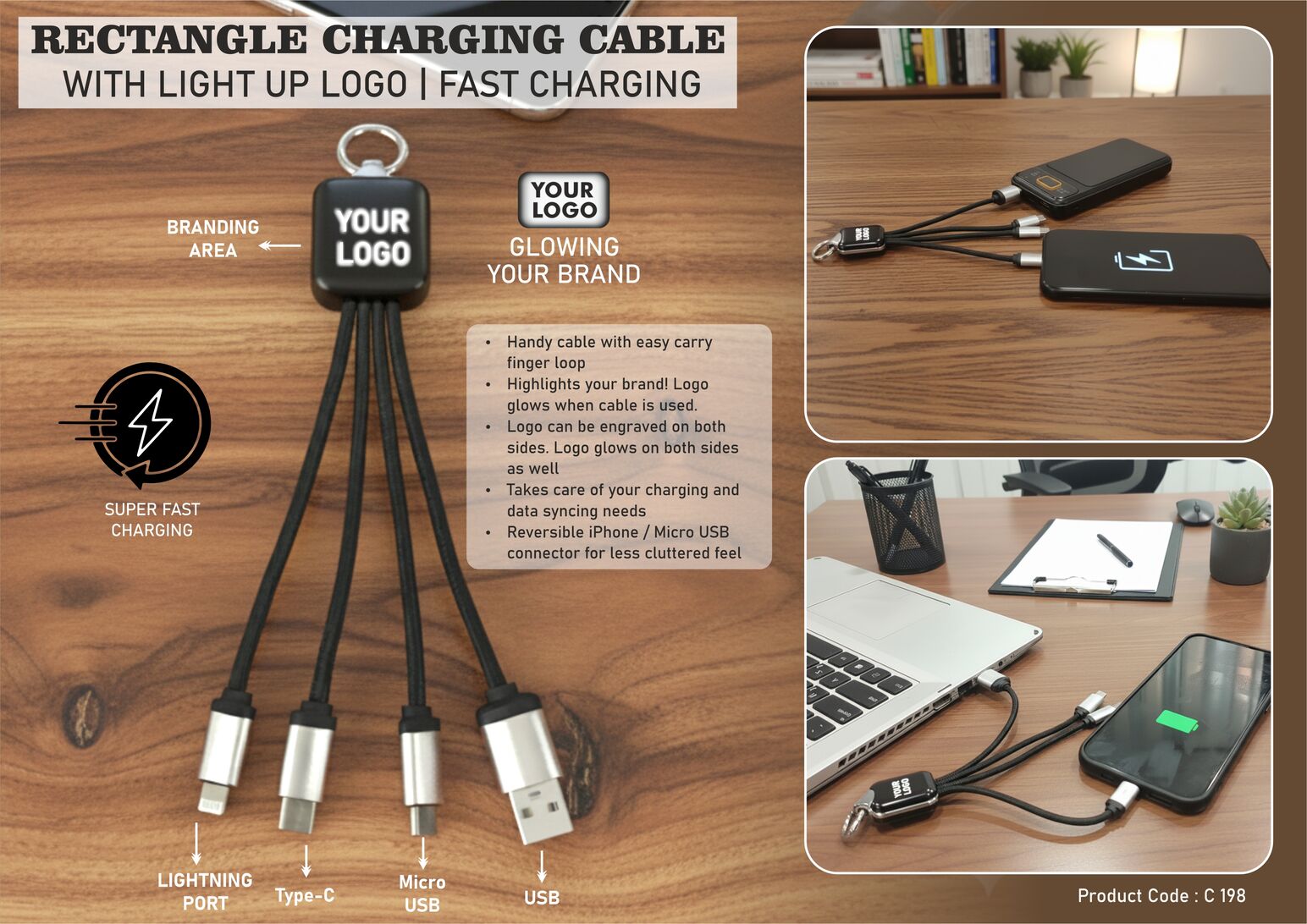 PowerGlow Rectangle Charging cable with Light Up Logo | Separate wires for all connectors | Fast charging