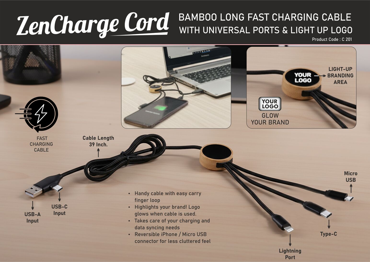 ZenCharge Cord: Bamboo Long Fast Charging Cable with Universal ports & Light up logo | Dual Input & Triple output | Nylon Braided wire
