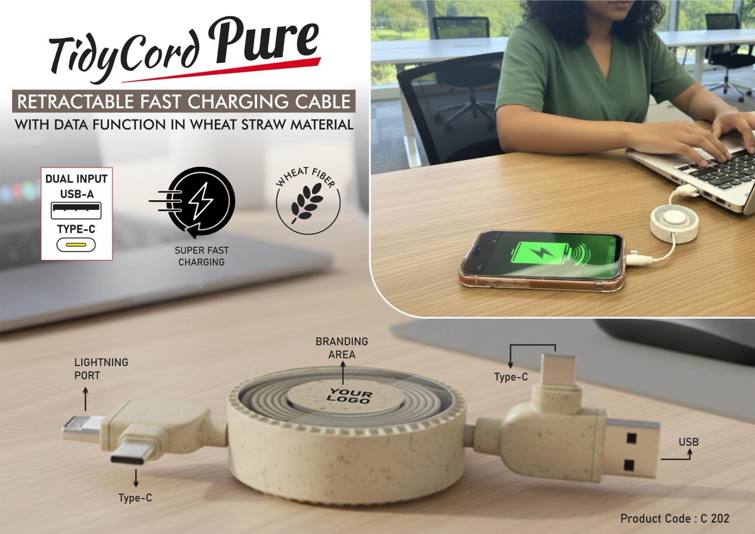 TidyCord Pure: Retractable Fast Charging cable with Data function in Wheat Straw material | Dual Input