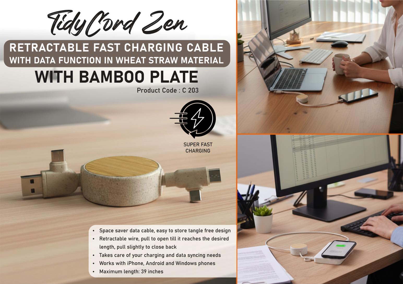 TidyCord Zen: Retractable Fast Charging cable with Data function in Wheat Straw material with Bamboo plate | Dual Input