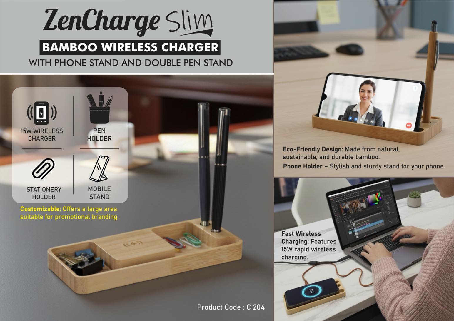 ZenCharge Slim: Bamboo Wireless charger with Phone stand and double Pen stand | 15W wireless charger