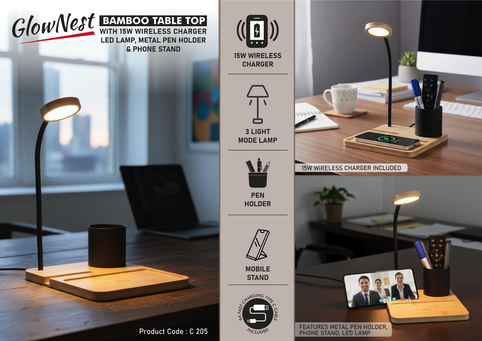 GlowNest: Bamboo Table top with 15W Wireless Charger, LED Lamp, Metal Pen holder & phone stand