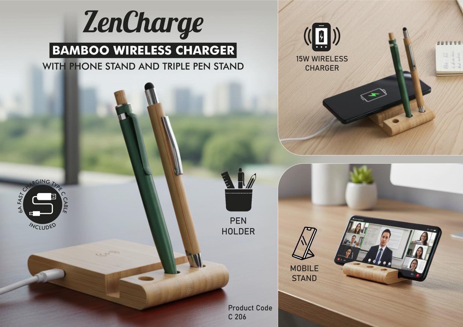 ZenCharge: Bamboo Wireless Charger with phone stand and triple pen stand | 15W wireless charger