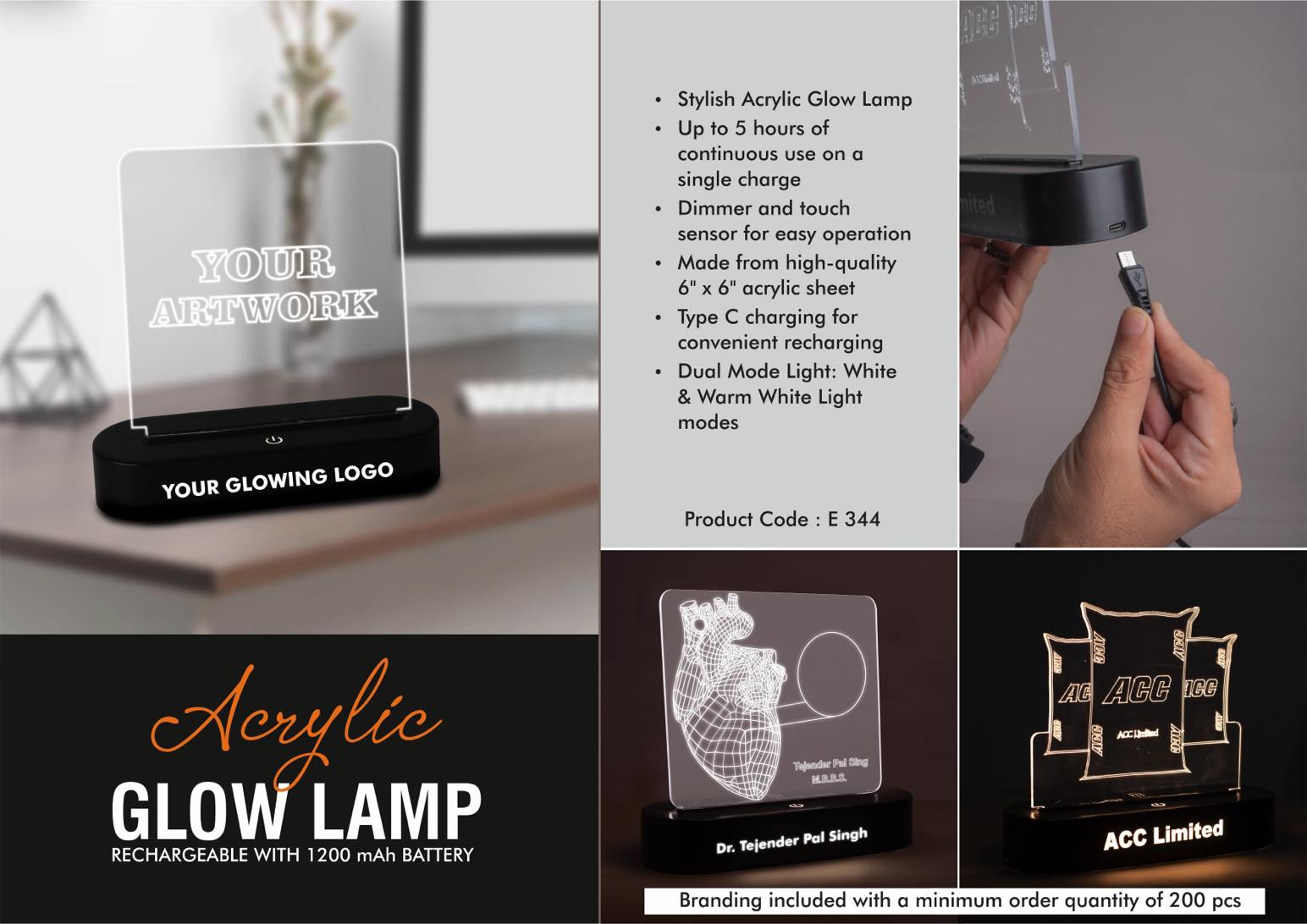 PowerGlow Acrylic Glow Lamp - Rechargeable | 1200 mAh battery | White & Warm white light | Dimmer & Touch Sensor | 6 x 6" Acrylic sheet | Type C charging