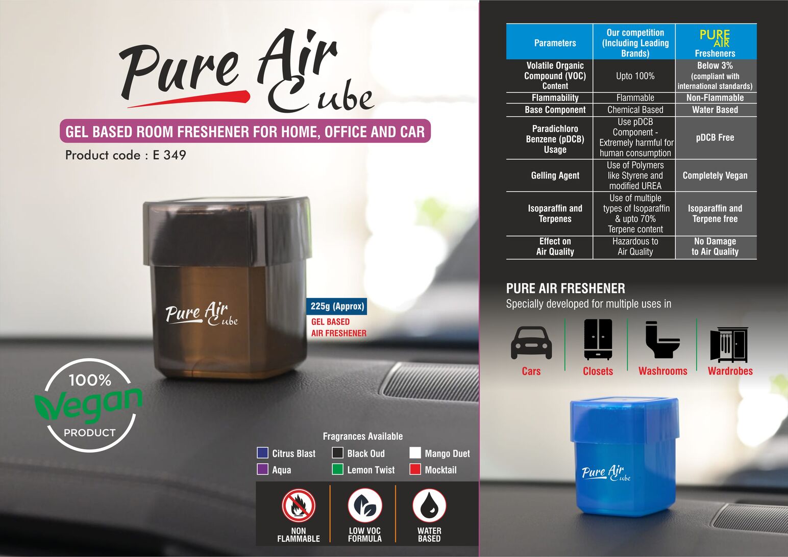 Pure Air Cube: Gel based room freshener for Home, Office and Car | With open/close mechanism | Net 220 grams approx