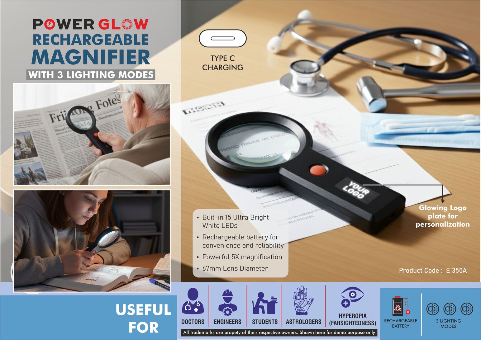 PowerGlow Rechargeable Magnifier with 3 lighting modes & Glowing Black Logo plate | Type C charging