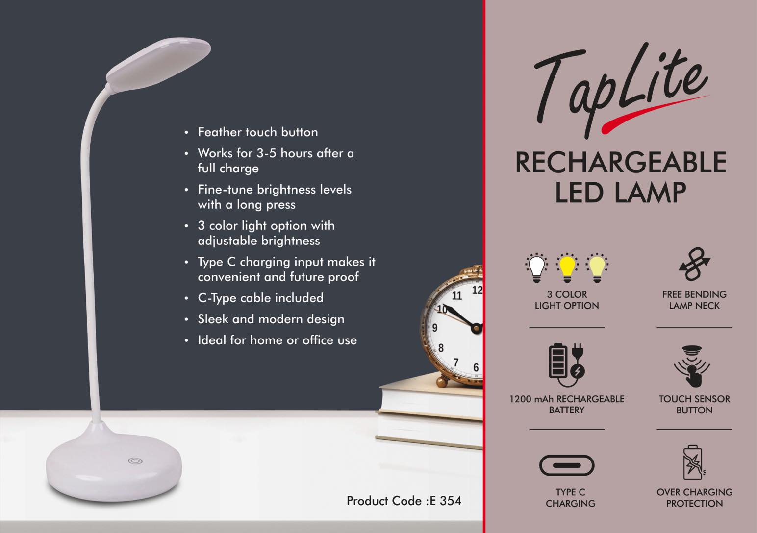 TapLite : Rechargeable LED lamp | 3 Color light with Brightness adjustment | Type C Charging