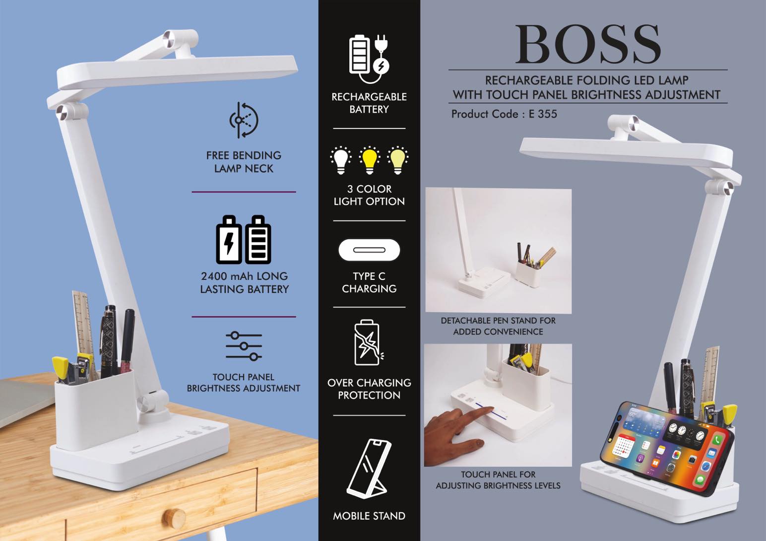 Boss : Rechargeable Folding LED lamp with Touch panel Brightness adjustment | Pen & Mobile Stand