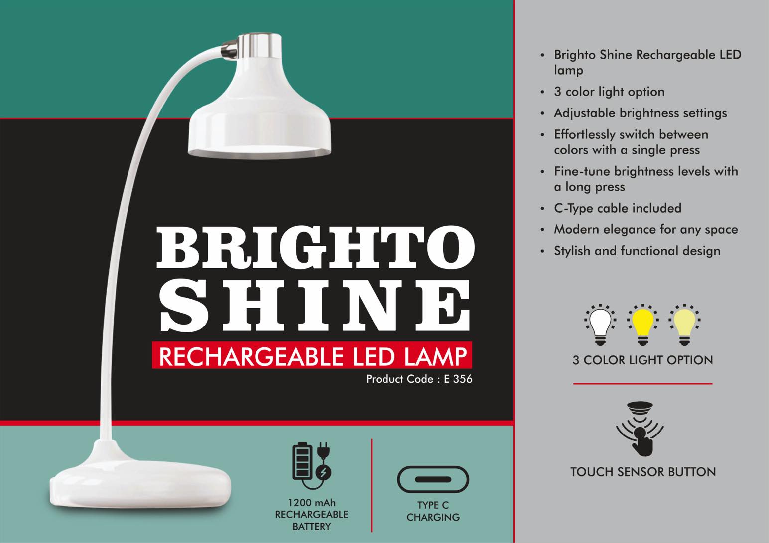 Brighto Shine : Rechargeable LED lamp | 3 Color light with Brightness adjustment | Type C Charging