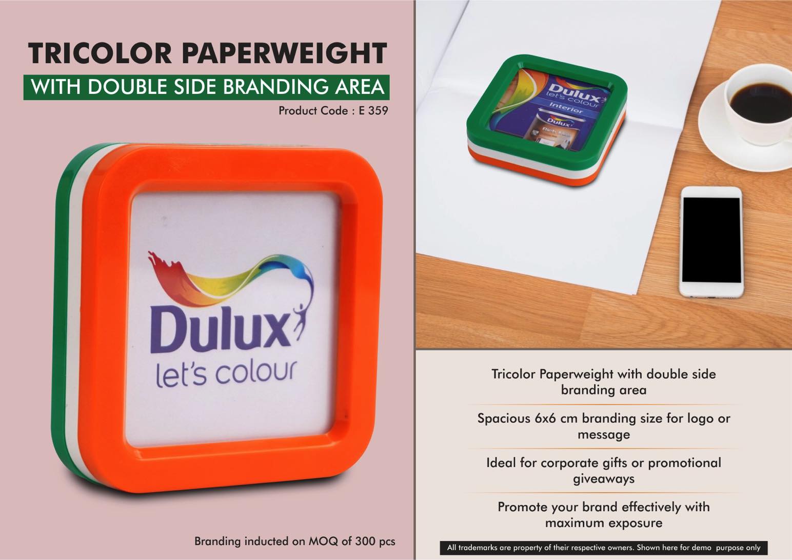 Tricolor Paperweight with Double Side branding area | Branding size 6x6 cm approx | Branding MOQ 300 pc