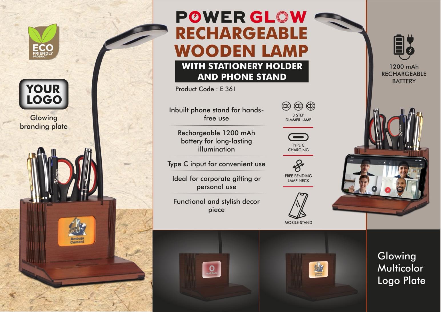 PowerGlow Wooden 3 step Dimmer Lamp With Glowing Multicolor Logo plate & Phone stand | Rechargeable 1200 mAh battery | Type C input