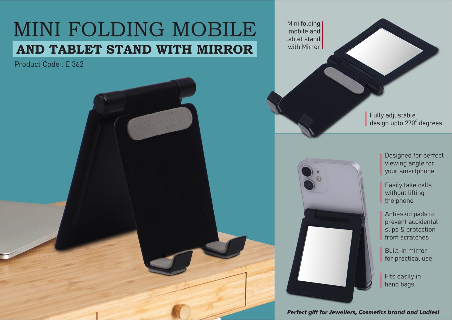 Mini metal folding mobile and tablet stand with Mirror | Adjustable to any desired angle