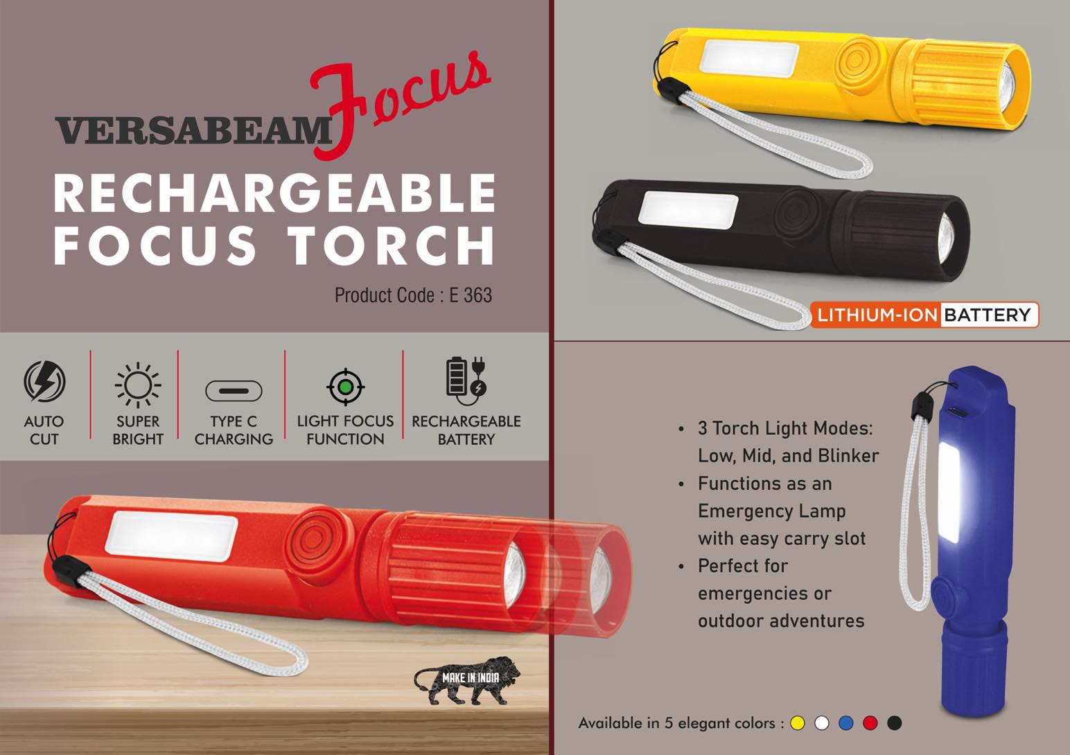 VersaBeam Focus: Rechargeable Focus Torch with 2 Light modes, Blinker and Emergency Lamp | Type C Charging | With Carabiner