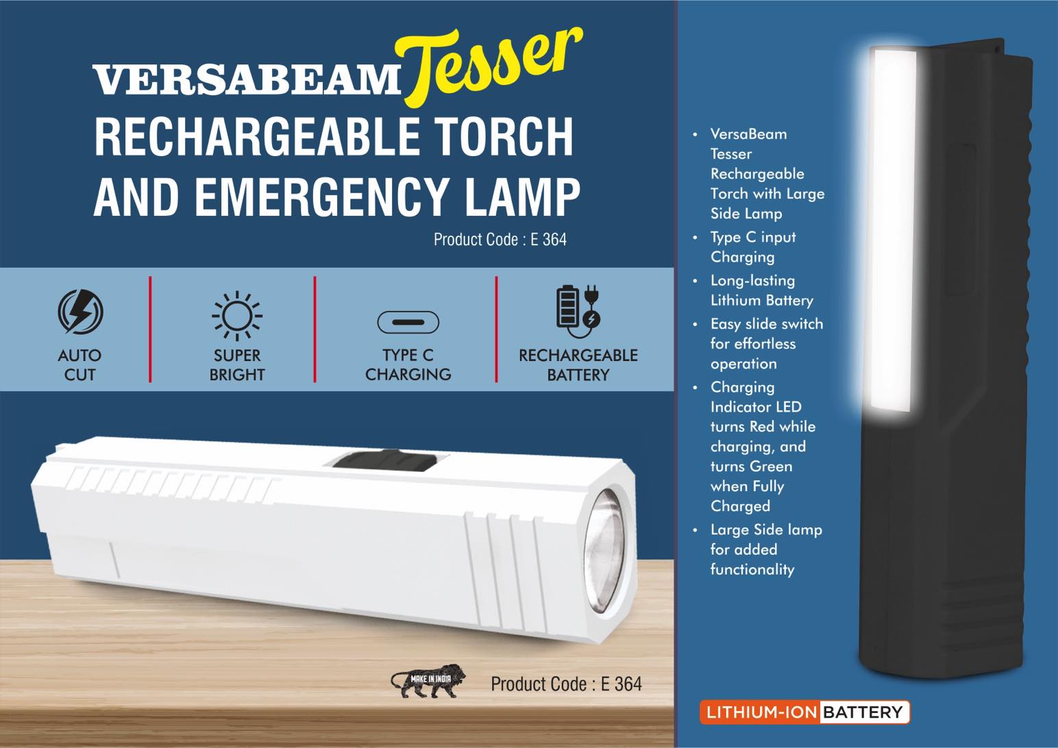 VersaBeam Tesser: Rechargeable Torch with Emergency Lamp | Type C Charging
