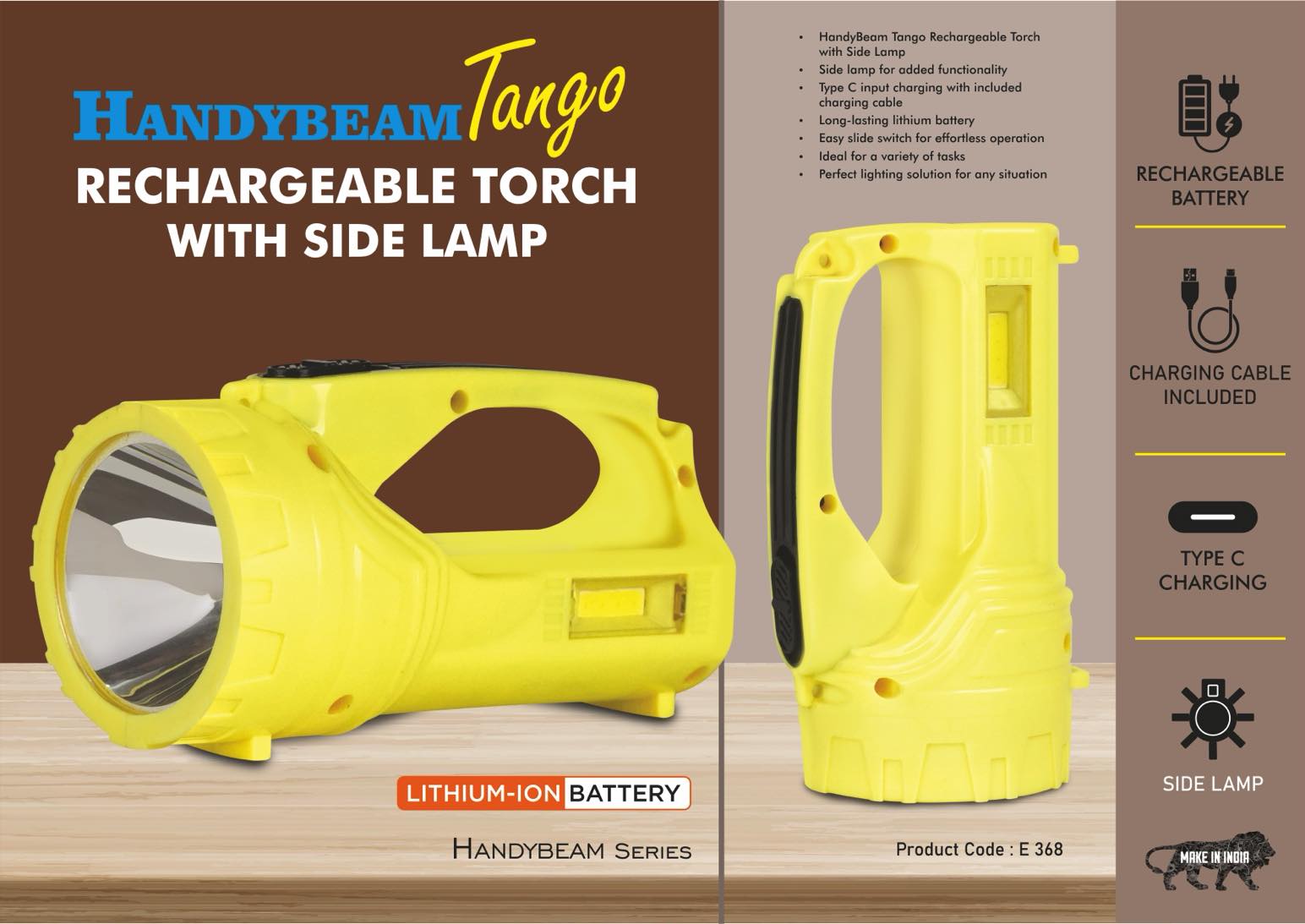 HandyBeam Tango: Rechargeable Torch with Side Lamp | Charging Cable included