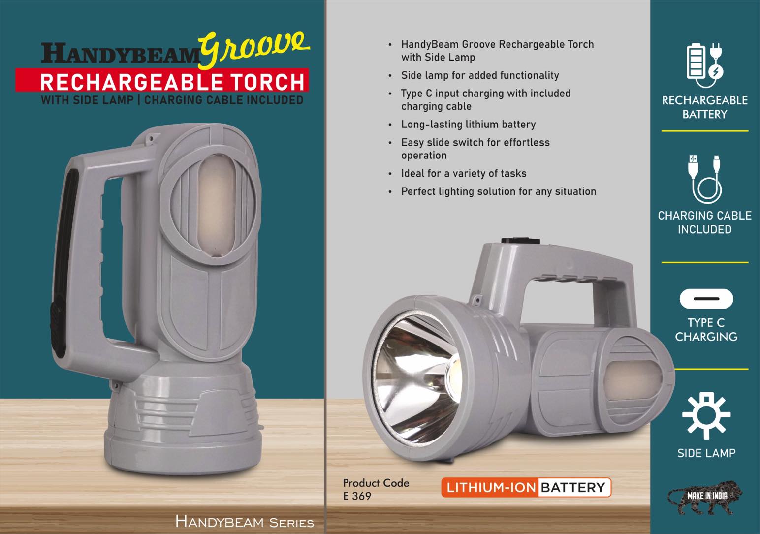 HandyBeam Groove: Rechargeable Torch with Side Lamp | Charging Cable included