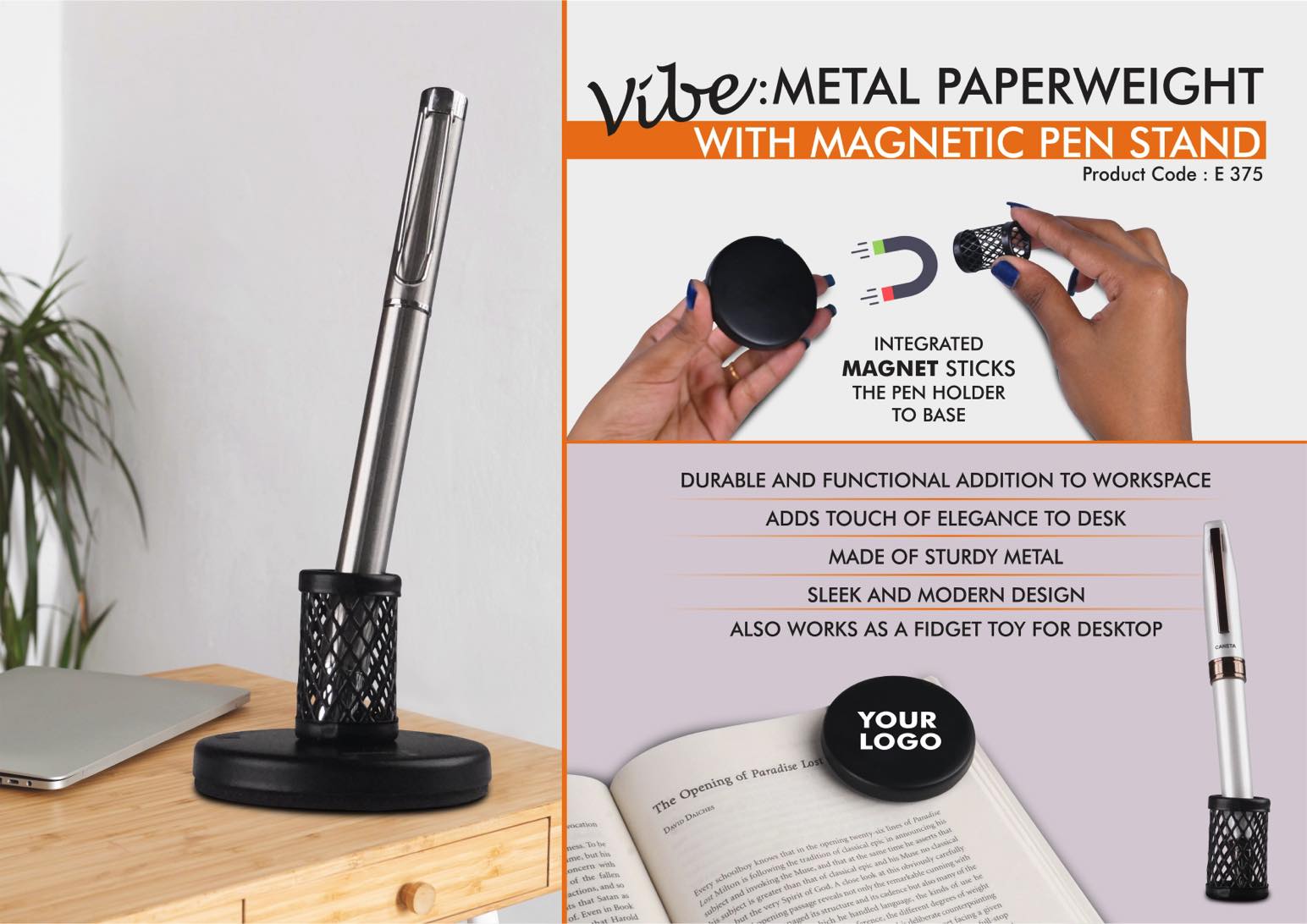 Vibe: Metal Paperweight with Magnetic Pen Stand