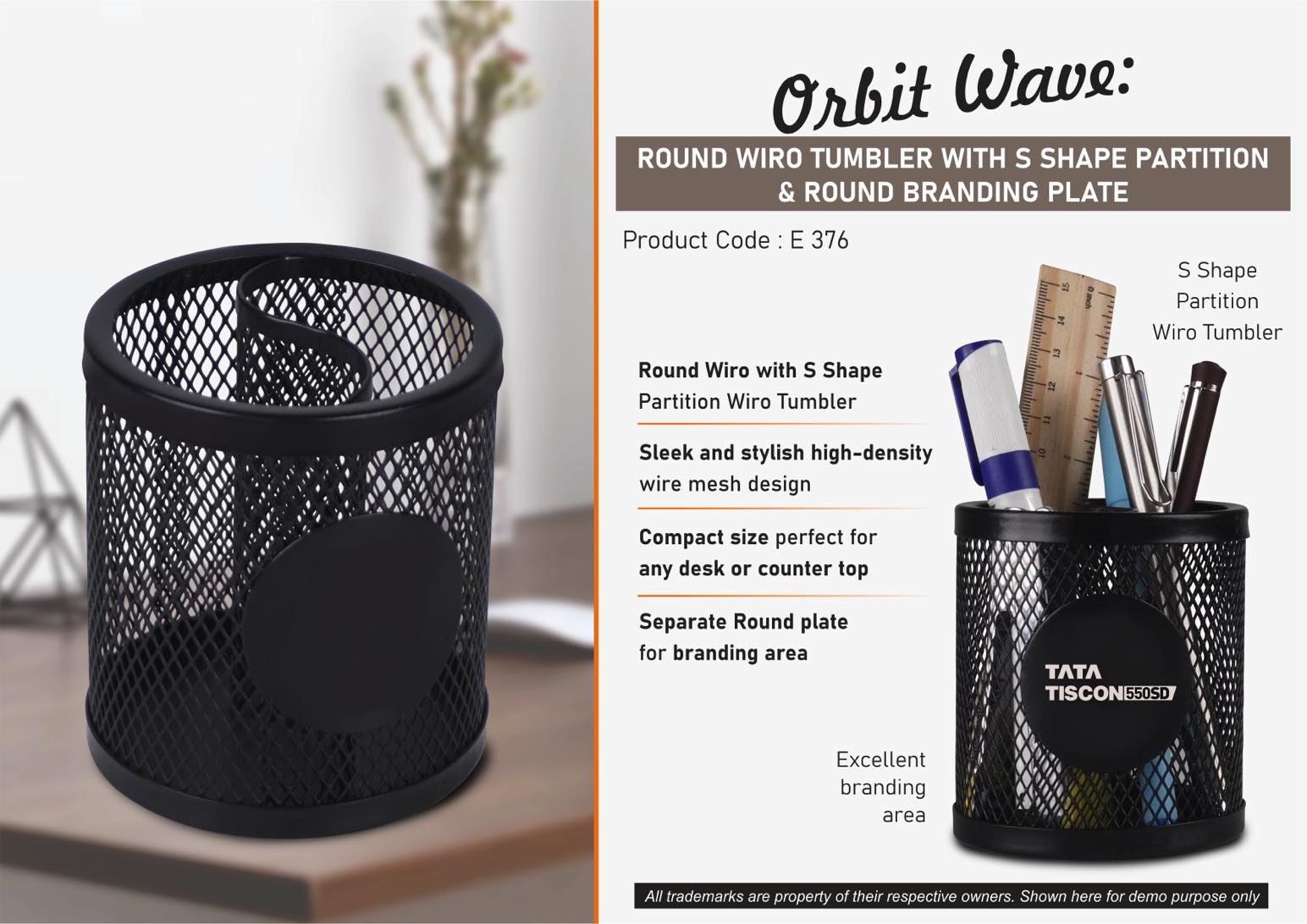 Orbit Wave: Round Wiro tumbler with S shape partition & Round Branding Plate