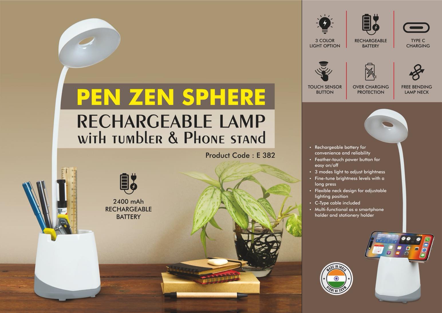 PenZen Sphere: Rechargeable lamp with tumbler & Phone stand | 3 Color light with Brightness adjustment | Type C Charging | 2400 mAh battery