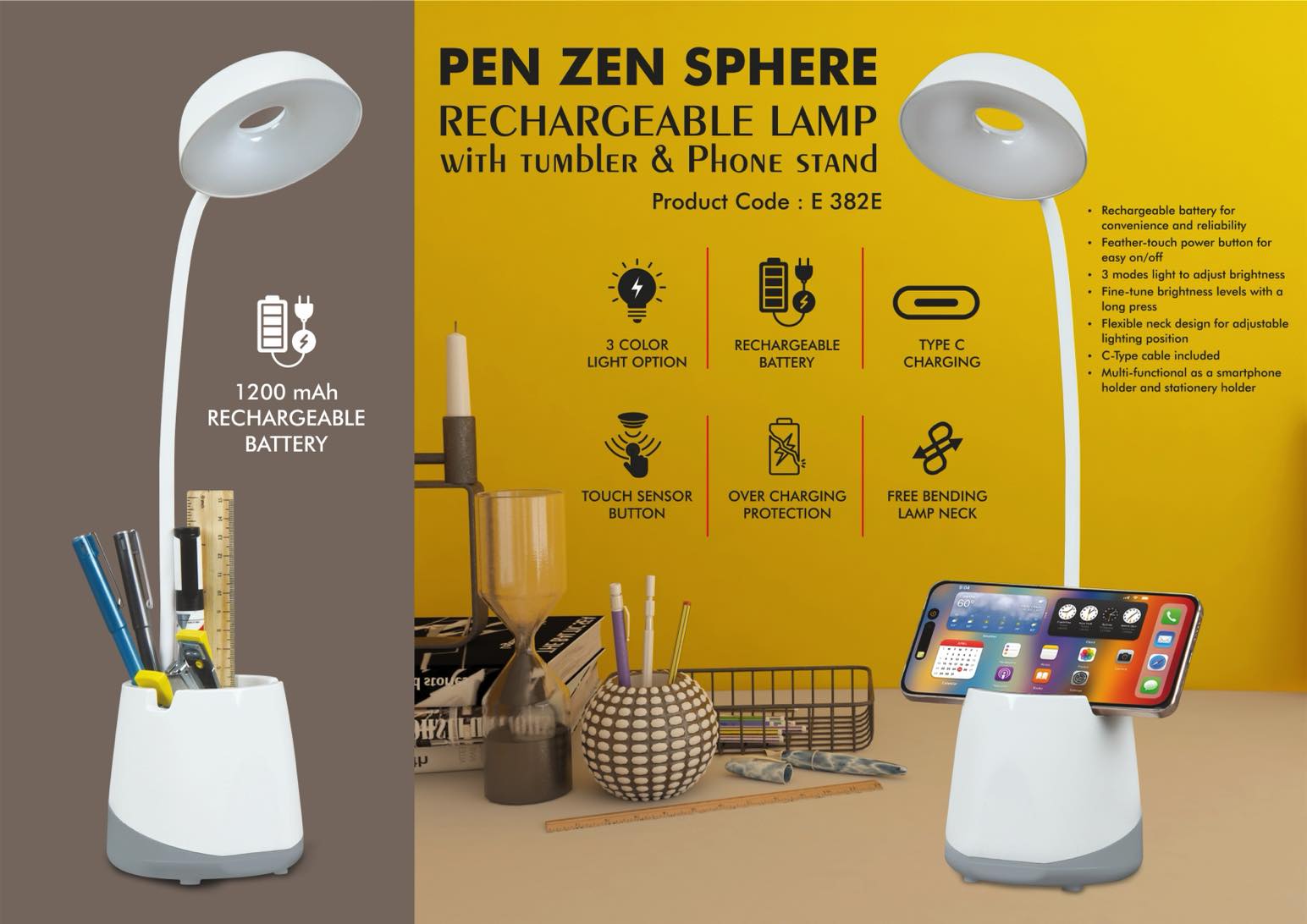 PenZen Sphere: Rechargeable lamp with tumbler & Phone stand | 3 Color light with Brightness adjustment | Type C Charging | 1200 mAh battery