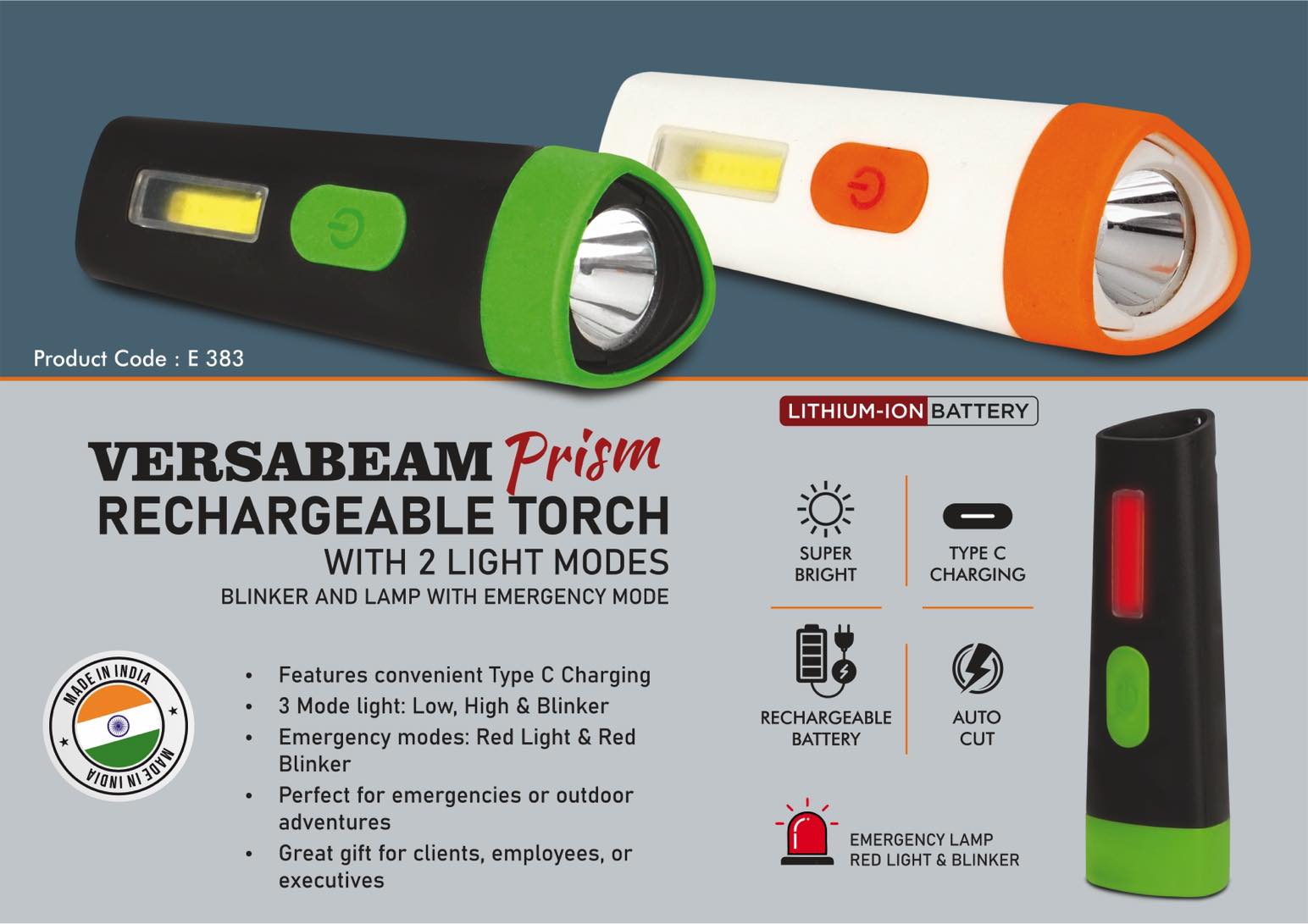 VersaBeam Prism: Rechargeable Torch with 2 light modes, Blinker and Lamp with Emergency mode | Type C Charging