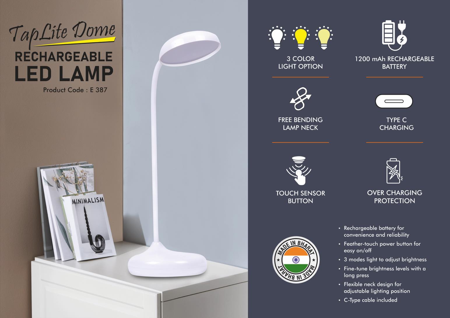 TapLite Dome : Rechargeable LED lamp | 3 Color light with Brightness adjustment | Type C Charging