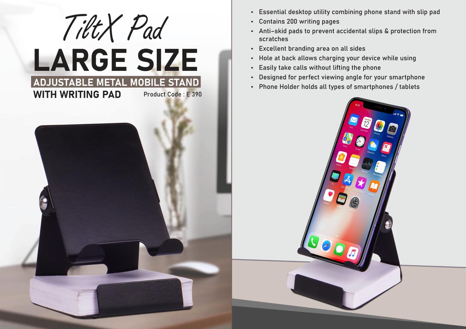 TiltX Pad: Large size Adjustable metal mobile stand with writing pad | 200 writing sheets