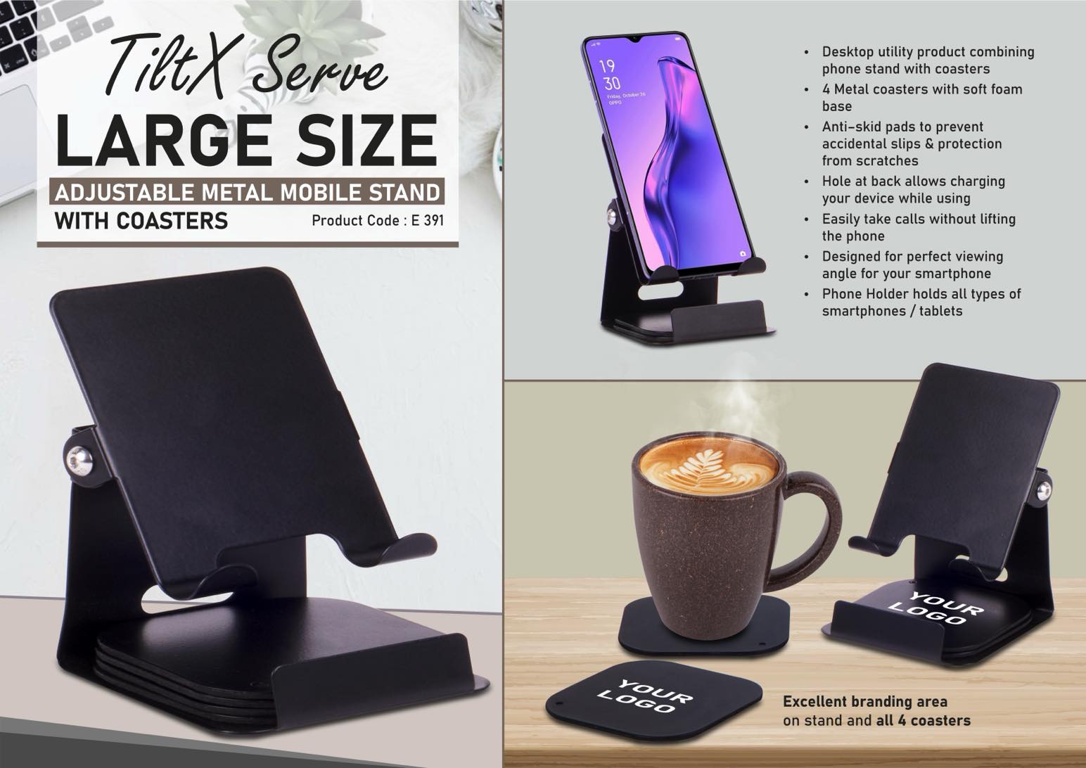 TiltX Serve: Large size Adjustable metal mobile stand with table coasters | 4 metal coasters