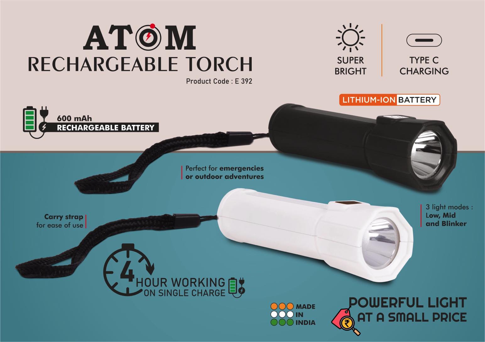 Atom: Rechargeable torch with Type C charging | 600 mah battery | 4 hour working on single charge