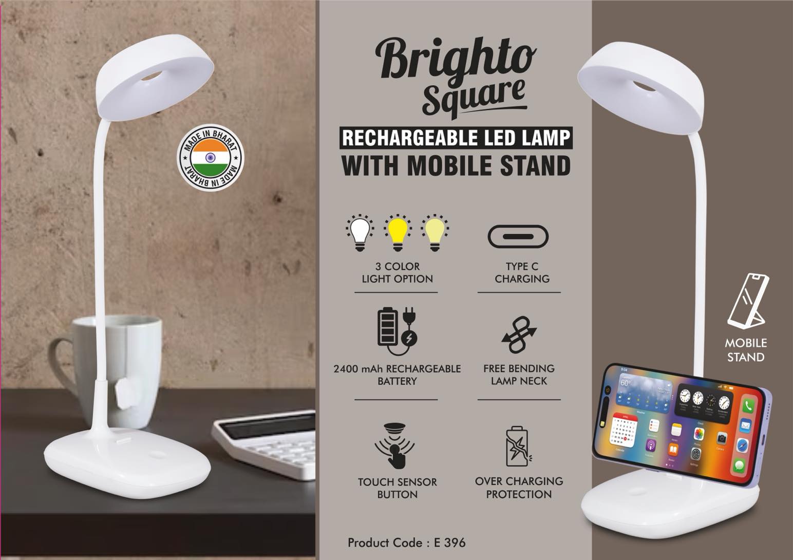 Brighto Square: Rechargeable LED Lamp with Mobile stand | Large capacity 2400 mAh battery | 3 Color light with Brightness adjustment | Type C Charging