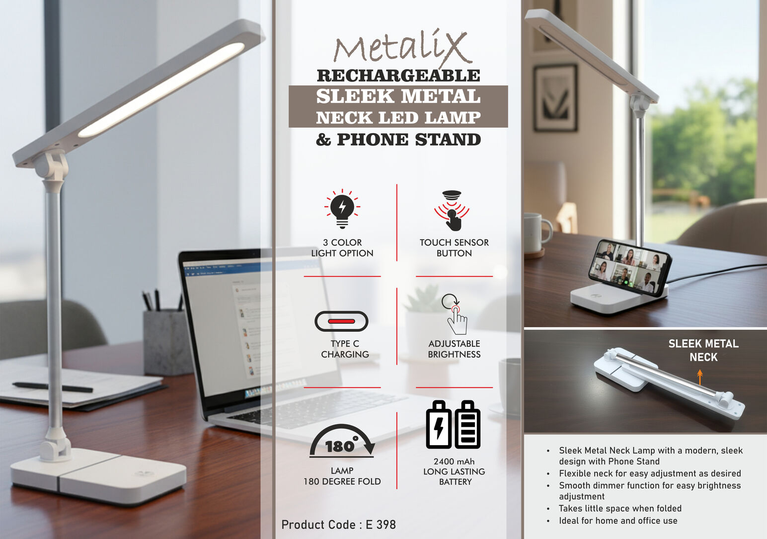 Metalix: Rechargeable Sleek metal neck LED lamp & Phone stand | 3 Color light with Brightness adjustment | Type C Charging