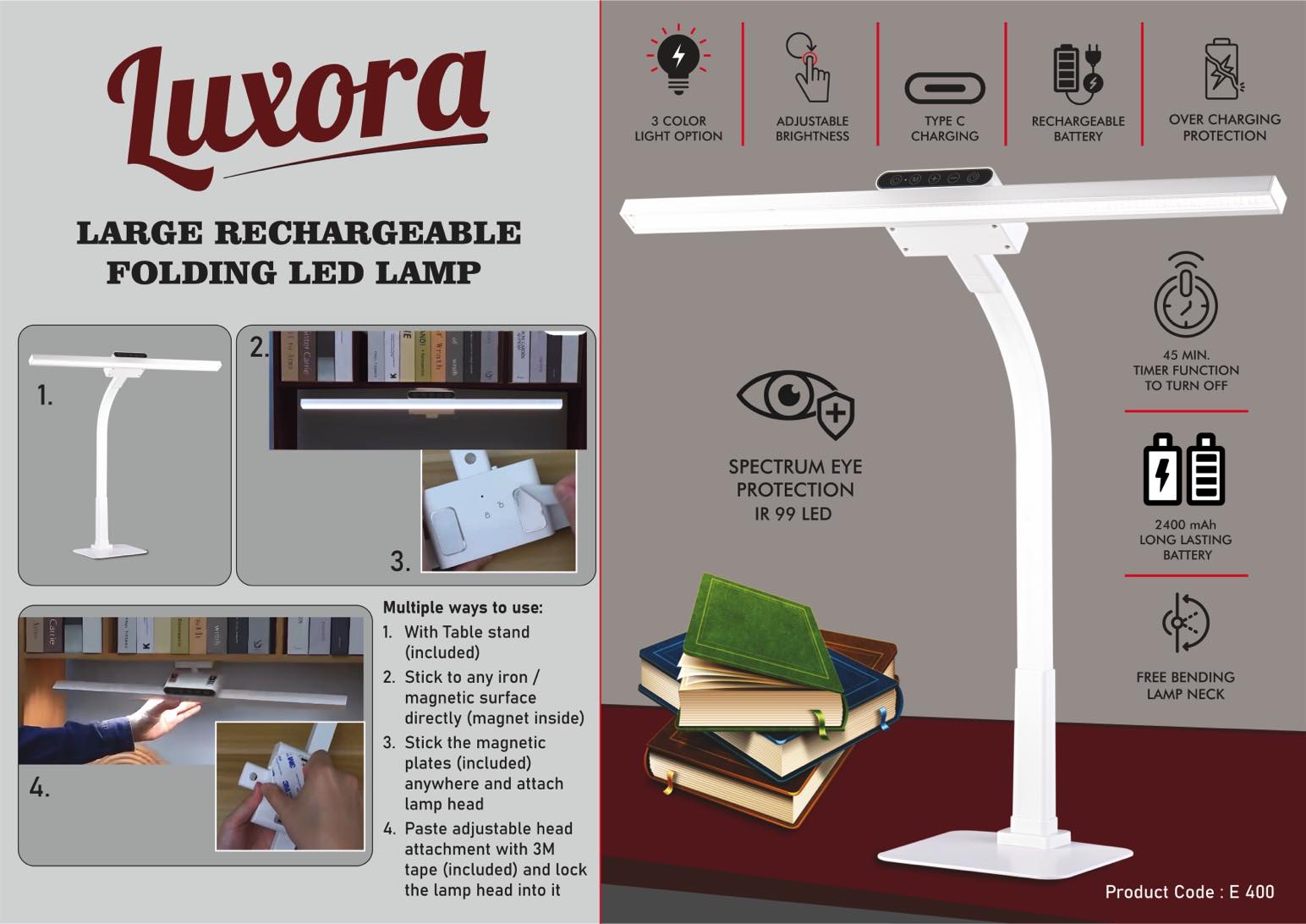 Luxora: Large rechargeable Folding LED lamp with timer & Brightness adjustment | Detachable head with 2 attachments | 3 Color light option | 45 min timer function