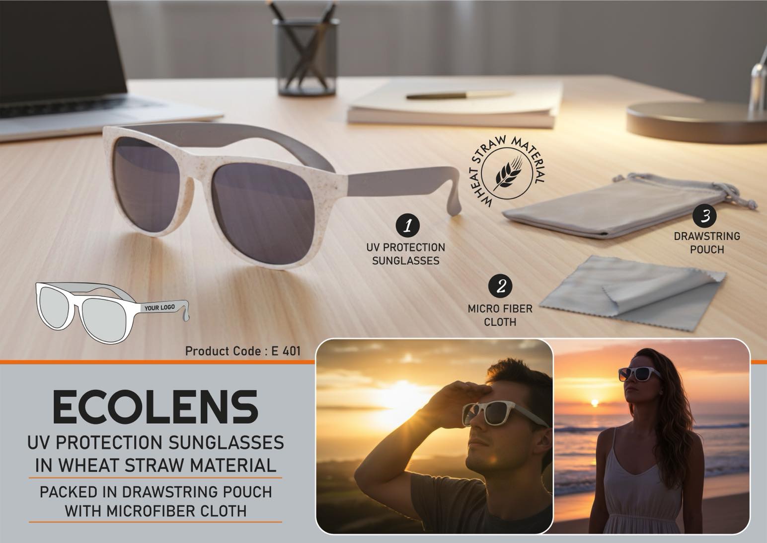 EcoLens: UV protection sunglasses in Wheat straw material | Packed in drawstring pouch with Microfiber cloth