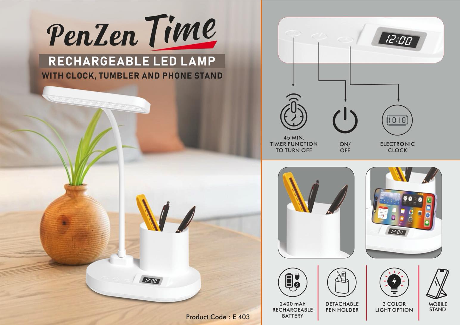 PenZen Time: Rechargeable LED lamp with Clock, Pen stand tumbler and Phone stand | 3 Color light with Brightness adjustment | Type C Charging | 2400 mAh battery