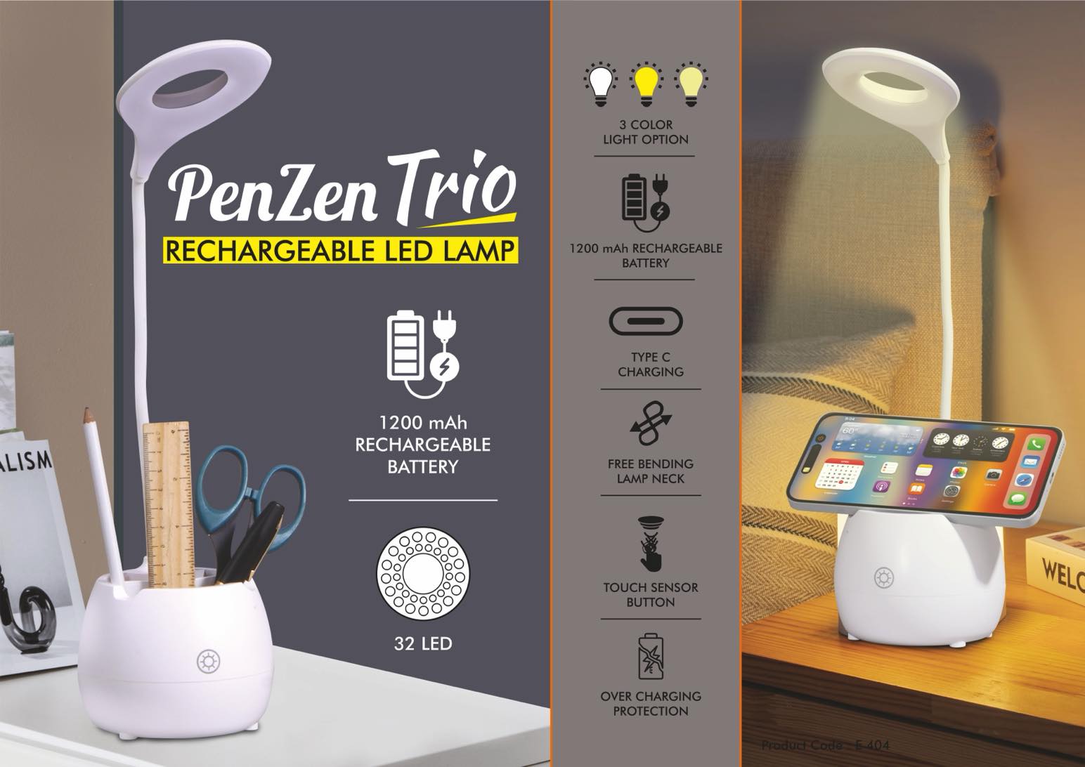 PenZen Trio: Rechargeable LED lamp with Pen stand tumbler and Phone stand | 3 Color light with Brightness adjustment | Type C Charging | 1200 mAh battery