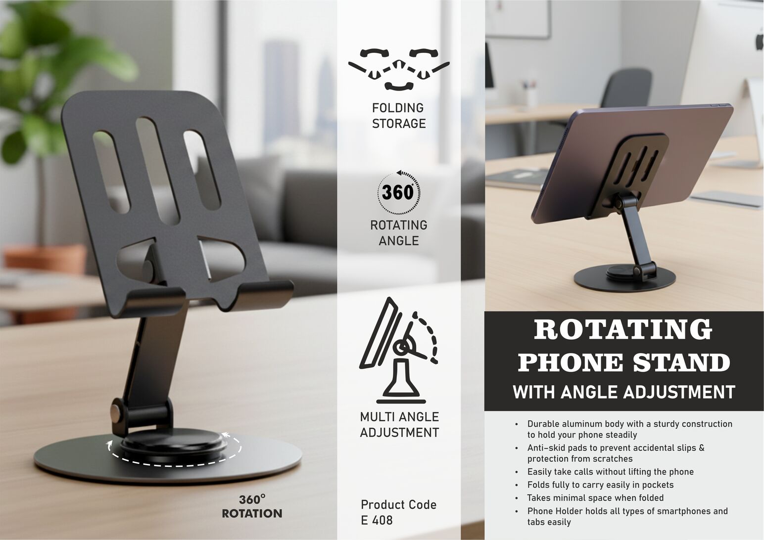 Rotating phone stand with Angle adjustment | Metal alloy body | Foldable design