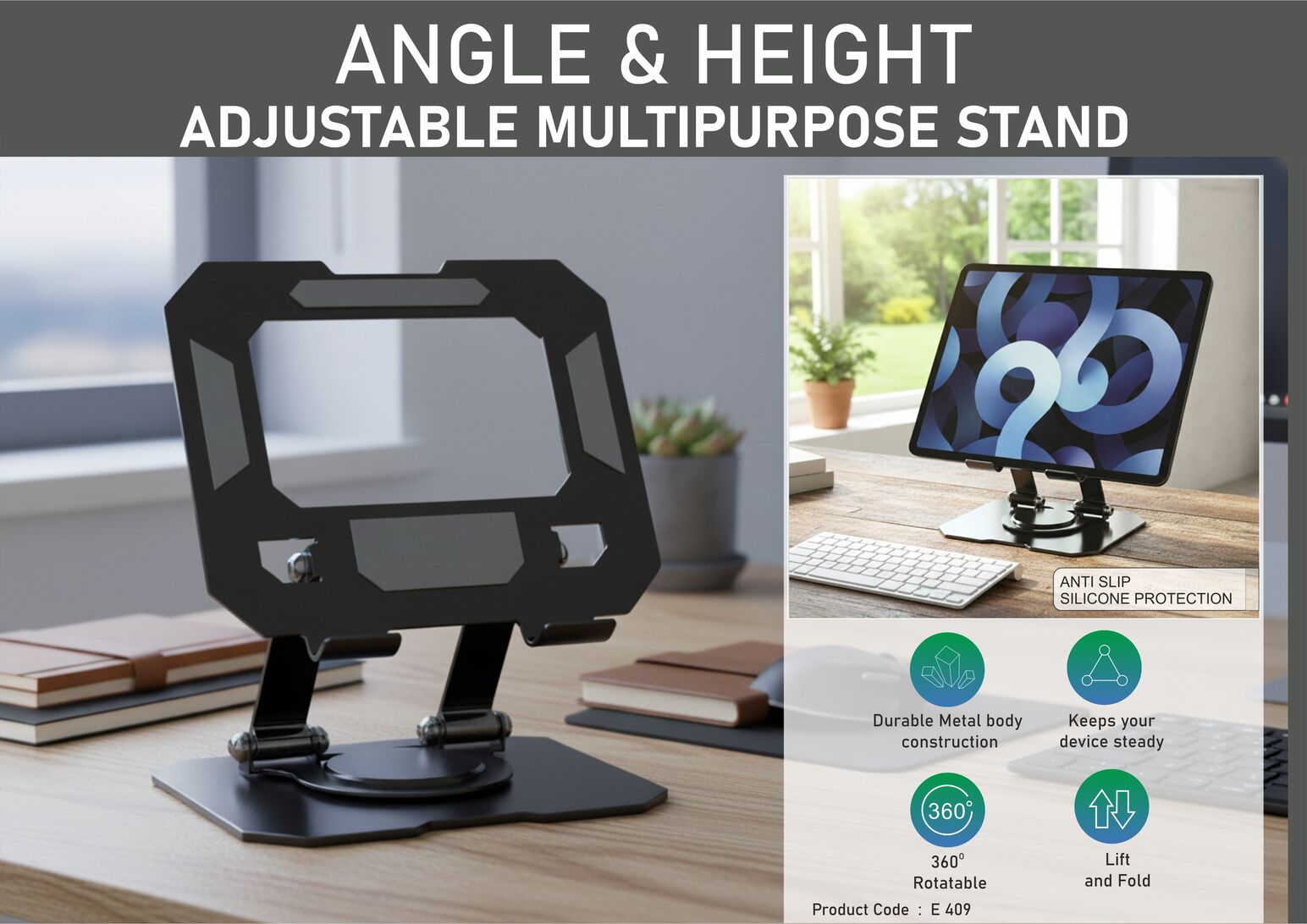 Angle & Height adjustable multipurpose stand | Suitable for mobile & tablets | Rotating base | Metal Alloy body