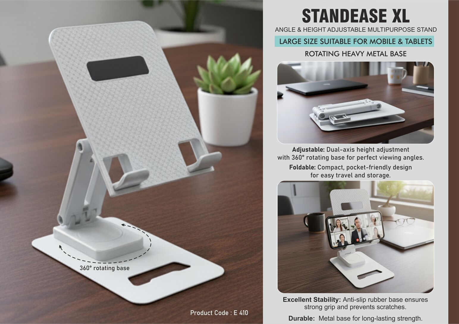 StandEase XL: Angle & Height adjustable multipurpose stand | Large size suitable for mobile & tablets | Rotating Heavy metal base | Foldable body