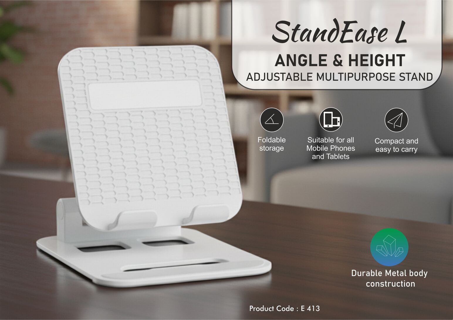 StandEase L: Angle & Height adjustable multipurpose stand | Suitable for mobile & tablets | Rotating base | Heavy metal base | Foldable body