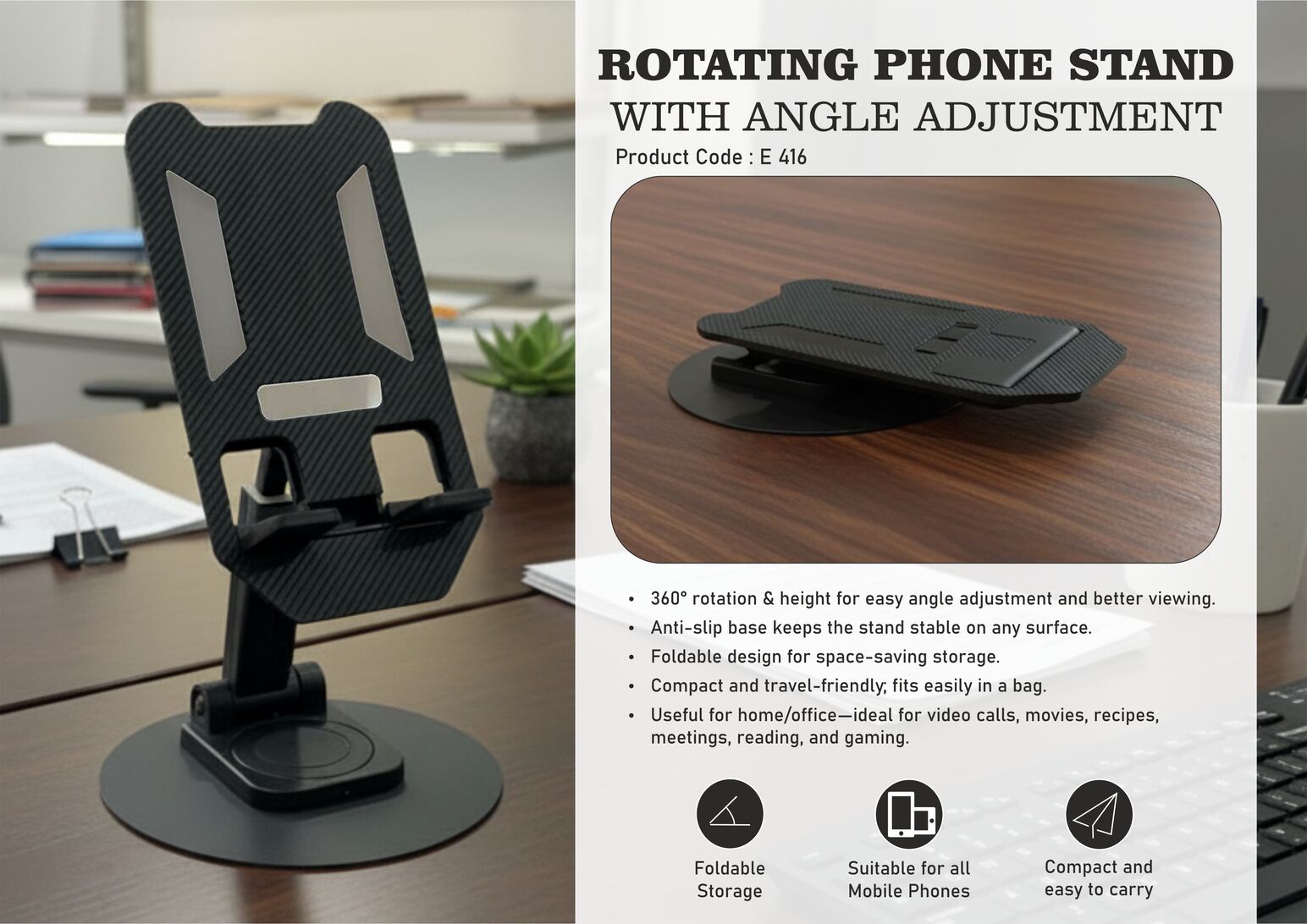 Rotating phone stand with Angle adjustment | Foldable body | Budget friendly choice