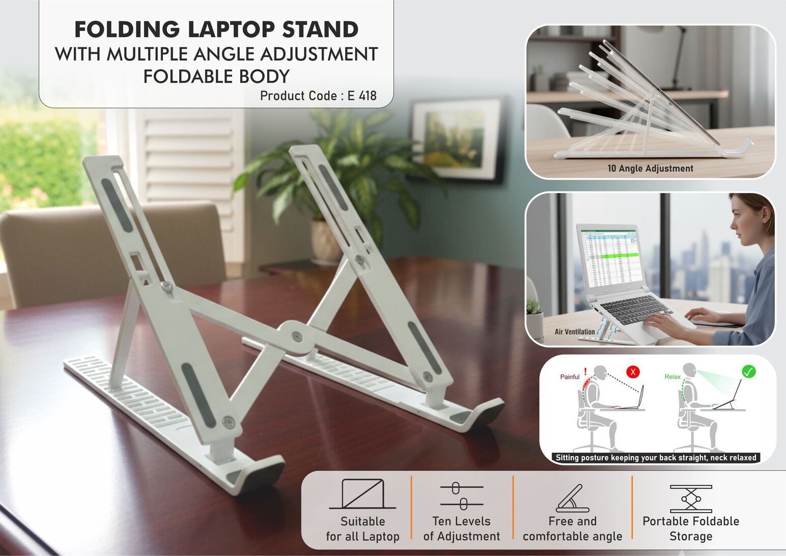 Folding laptop stand with Multiple Angle adjustment | Foldable body