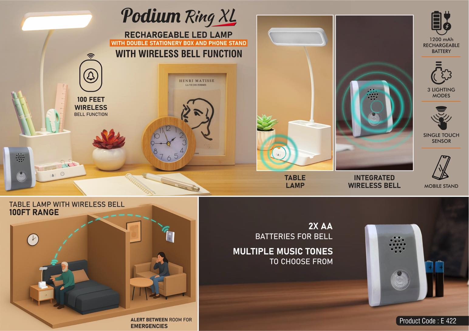 Podium Ring XL: Rechargeable LED lamp with Wireless Bell Function | Double stationery box and Phone stand | 3 Color light with Brightness adjustment | Type C Charging | 1200 mAh battery