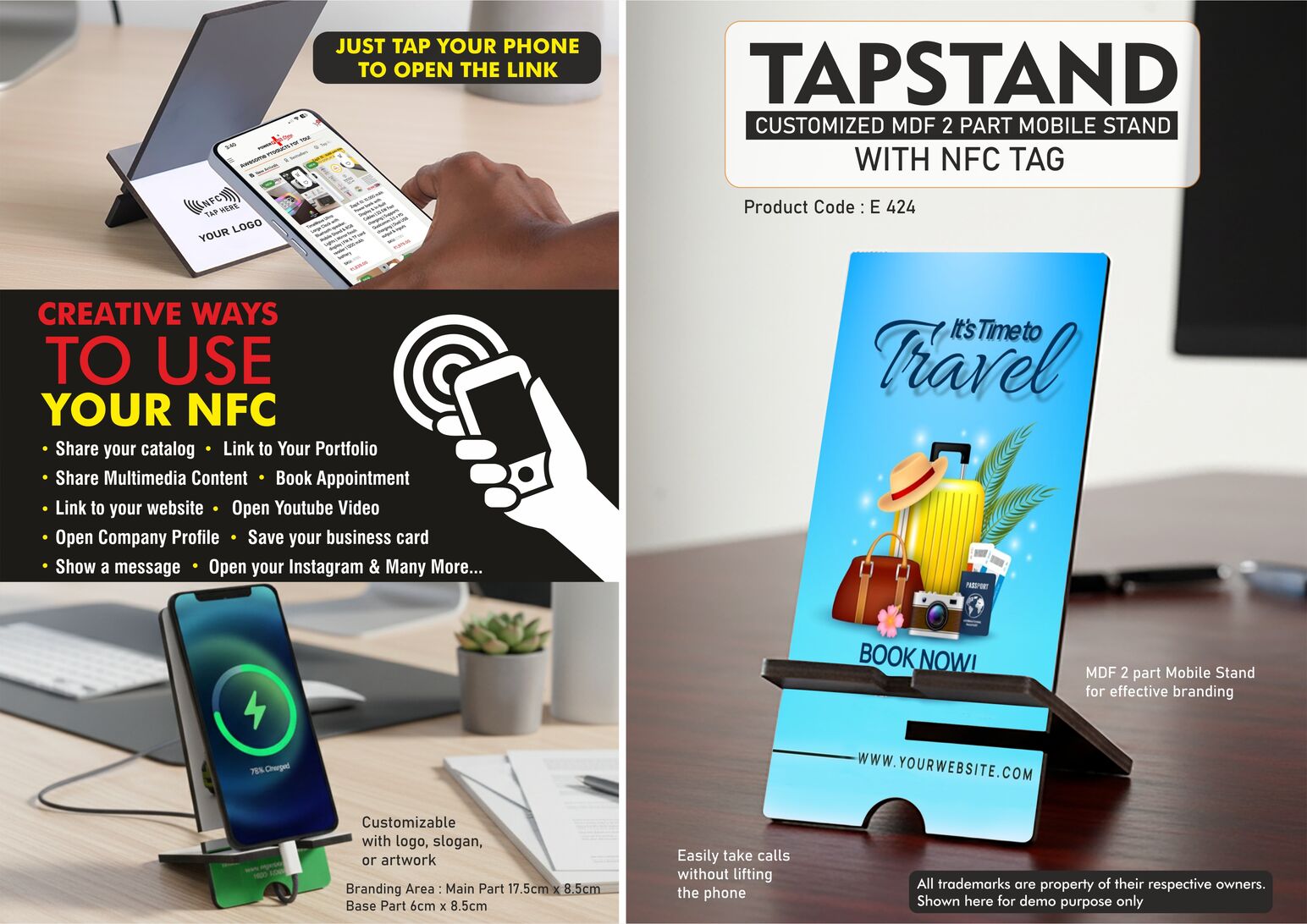TapStand : Customized MDF 2 part Mobile stand with NFC Tag | Link to your Catalog, Website, Video, etc | Double angle adjustment